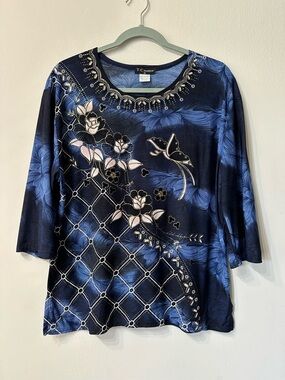 T-C Fashion Blue Floral Butterfly Beaded Knit 3/4 Sleeve Round Neck Blouse XL